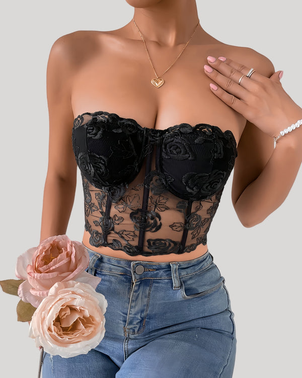 Strapless black embroidered corset top with rose detailing
