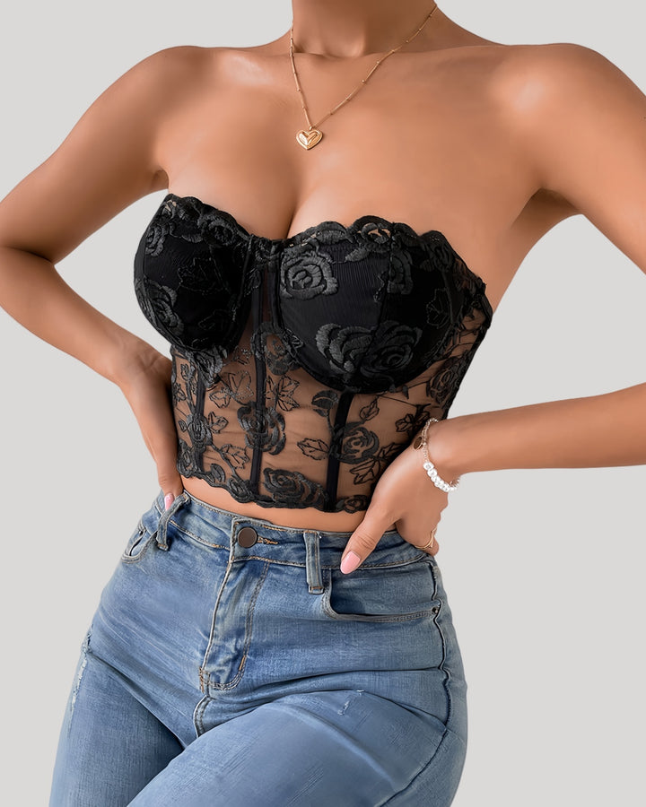 Strapless black embroidered corset top with rose detailing