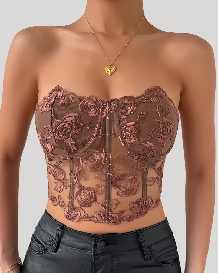 Strapless brown embroidered corset top with rose detailing