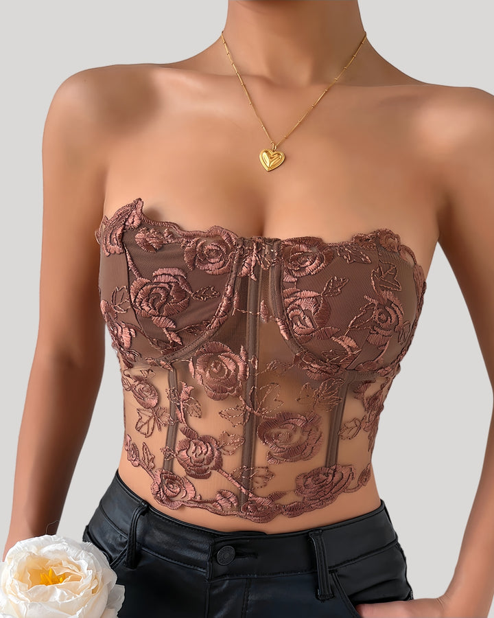 Strapless brown embroidered corset top with rose detailing