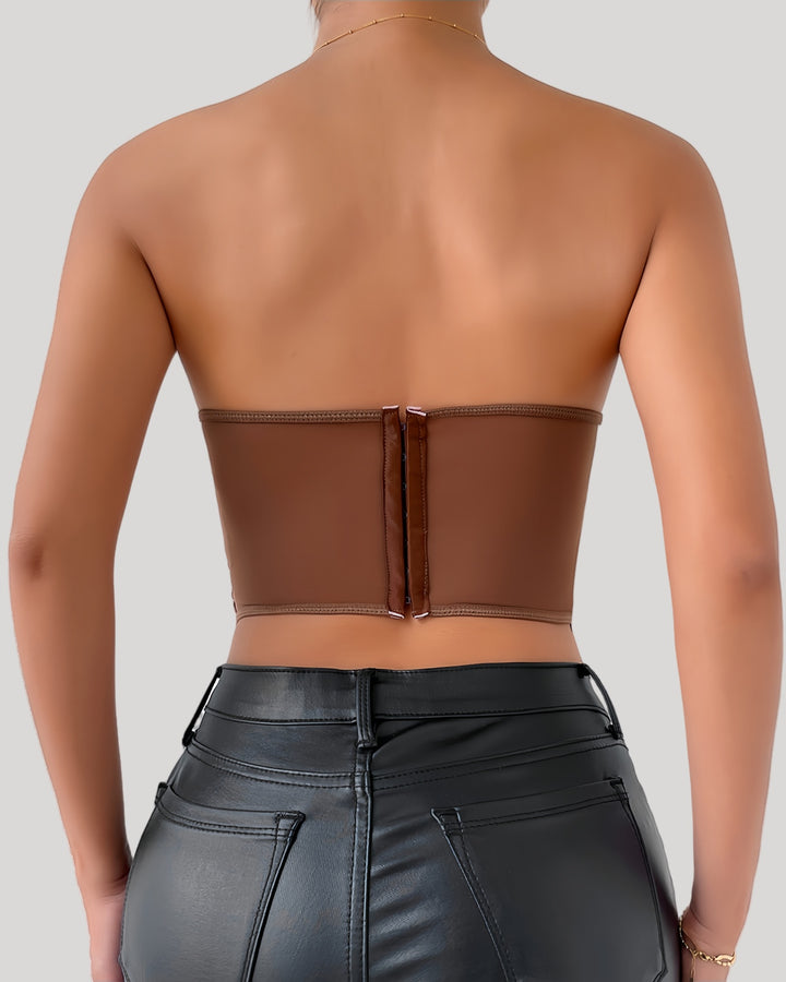 Back view of sheer mesh strapless bustier with hook closure