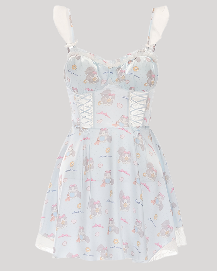 Flat lay of babydoll with lace corset waist and cartoon print