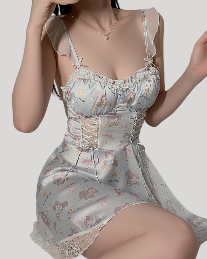 Front view of babydoll with cartoon print and lace-up waist