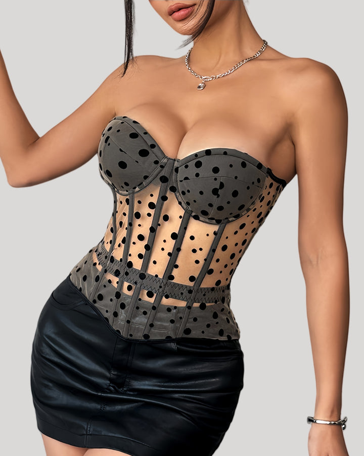 Taupe grey polka dot corset styled with black faux leather skirt