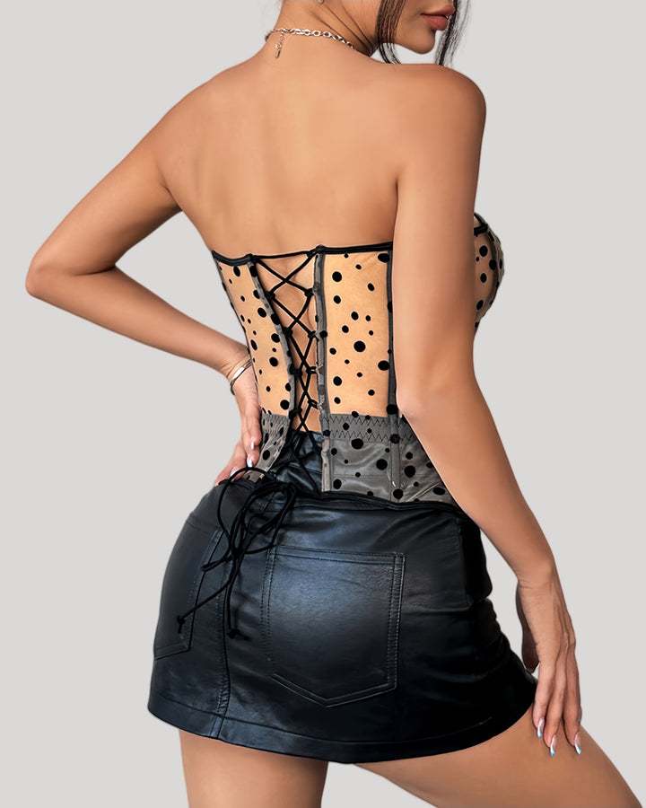 Back view of grey lace-up corset with adjustable ribbon tie