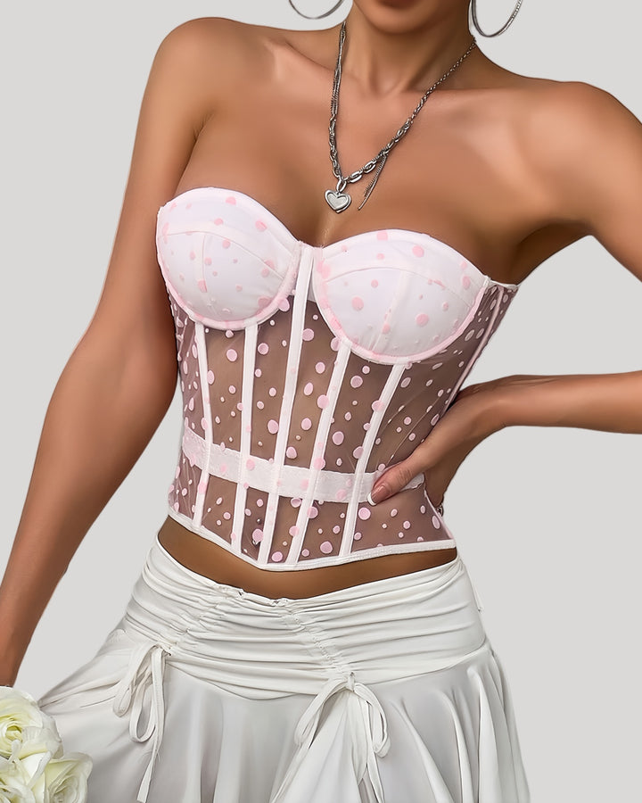Blush pink sheer corset with velvet dots and structured waist