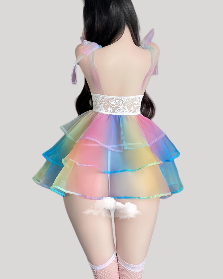 Back view of rainbow puff dress with lace waistband and shoulder ties