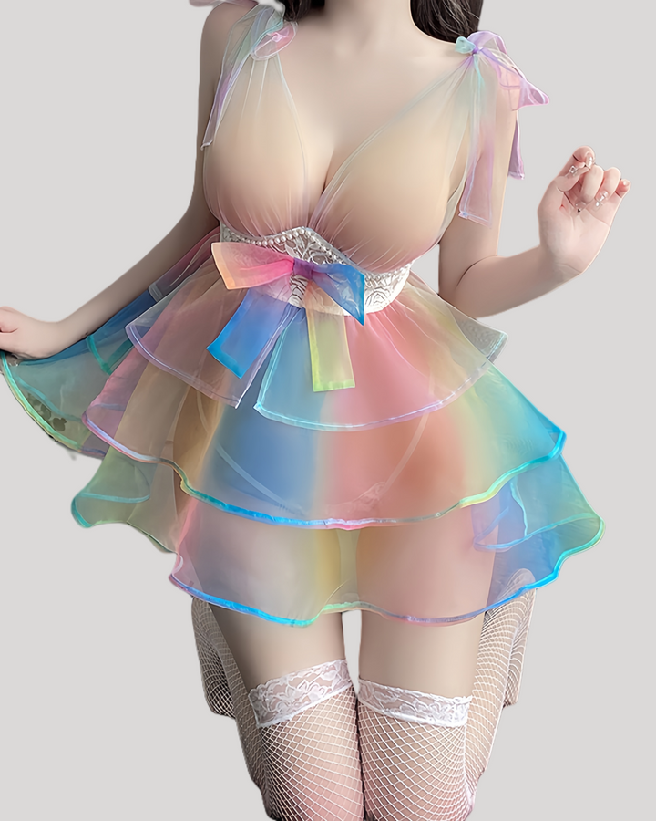 Front view of rainbow tiered babydoll lingerie with bow details