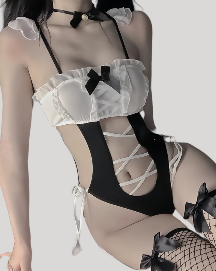 Lingerie set with black and white design on a plain background