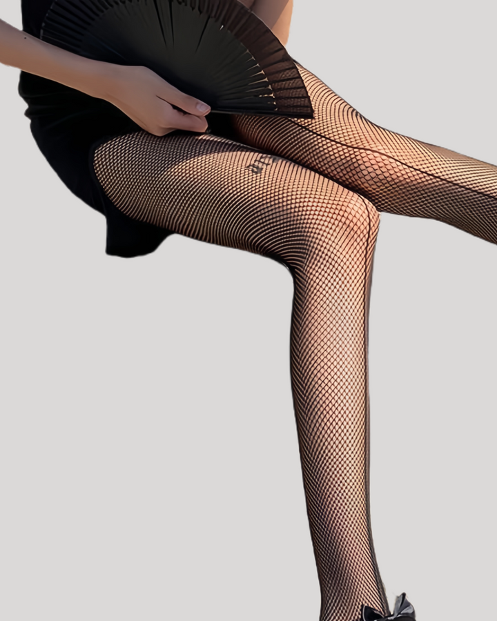 Black fishnet tights with back seam and satin bow