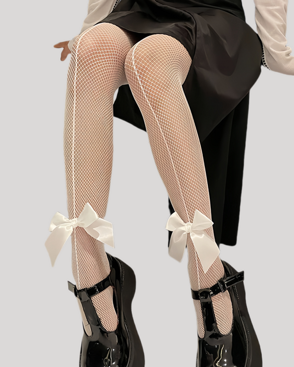 White mesh tights with satin bows and back seam