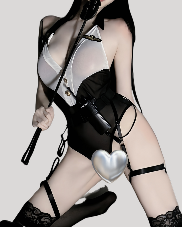 Police-themed mesh bodysuit with deep neckline and gold buttons
