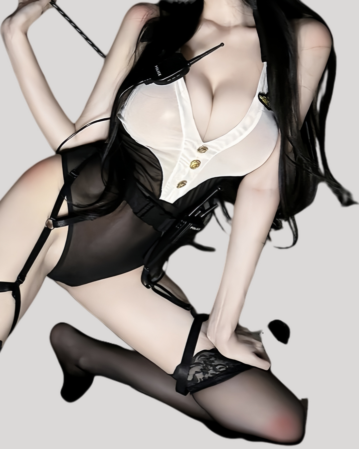Police-themed mesh bodysuit with deep neckline and gold buttons