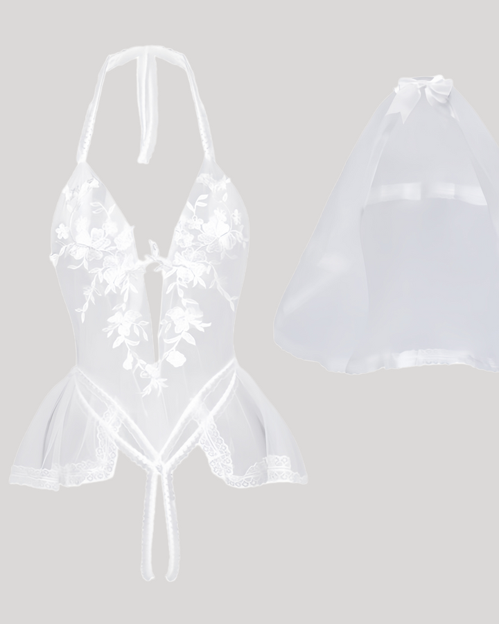 Set includes bridal teddy and matching veil