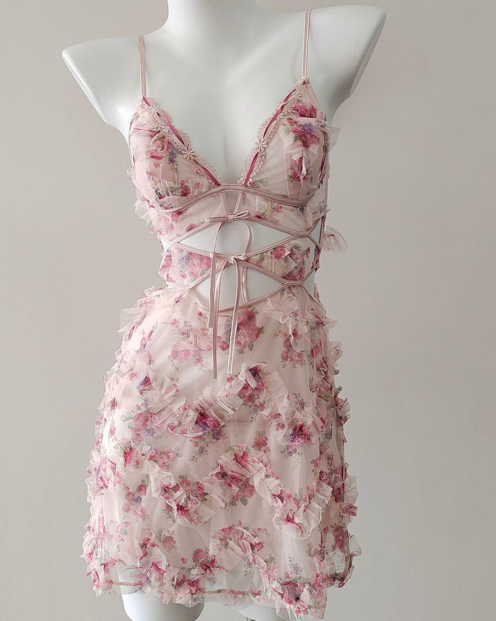 Front view of Rose Petal Ruffle Lace Babydoll showing pink rose mesh and lace-up bodice.