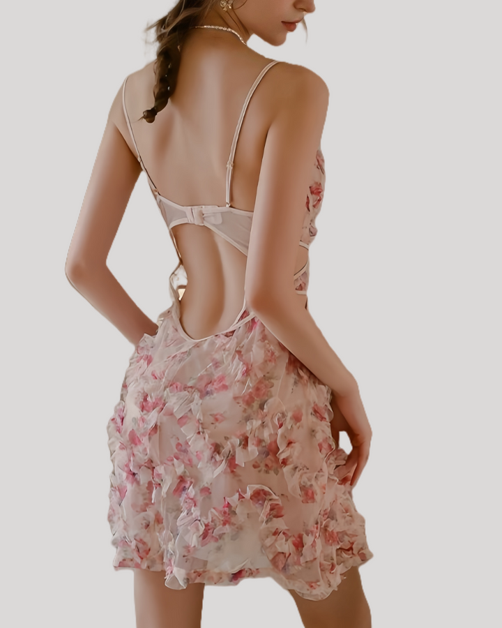 Back view highlighting open-back cutout and adjustable straps.