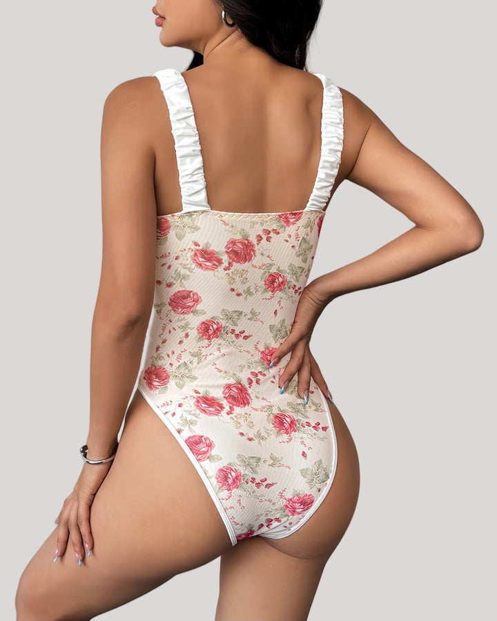 Back view showing full floral pattern and fitted stretch panel