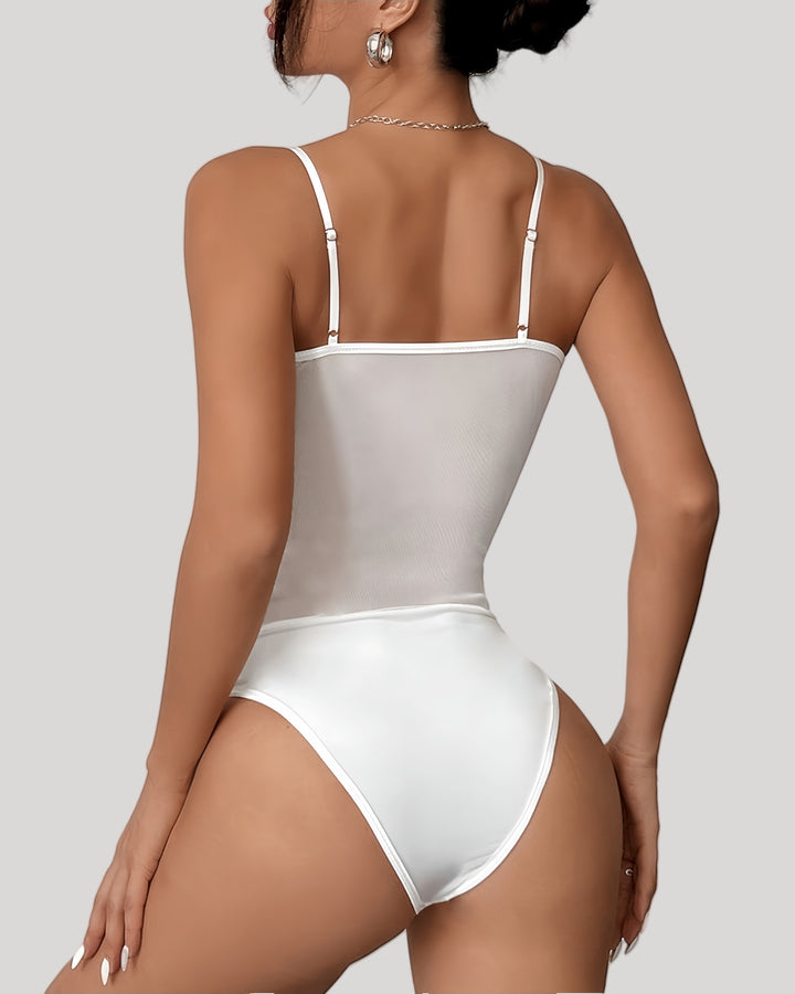 White sheer-back bodysuit with adjustable straps – back view