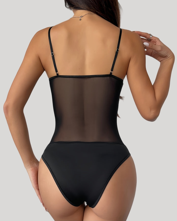 Black sheer-back bodysuit with adjustable straps – back view