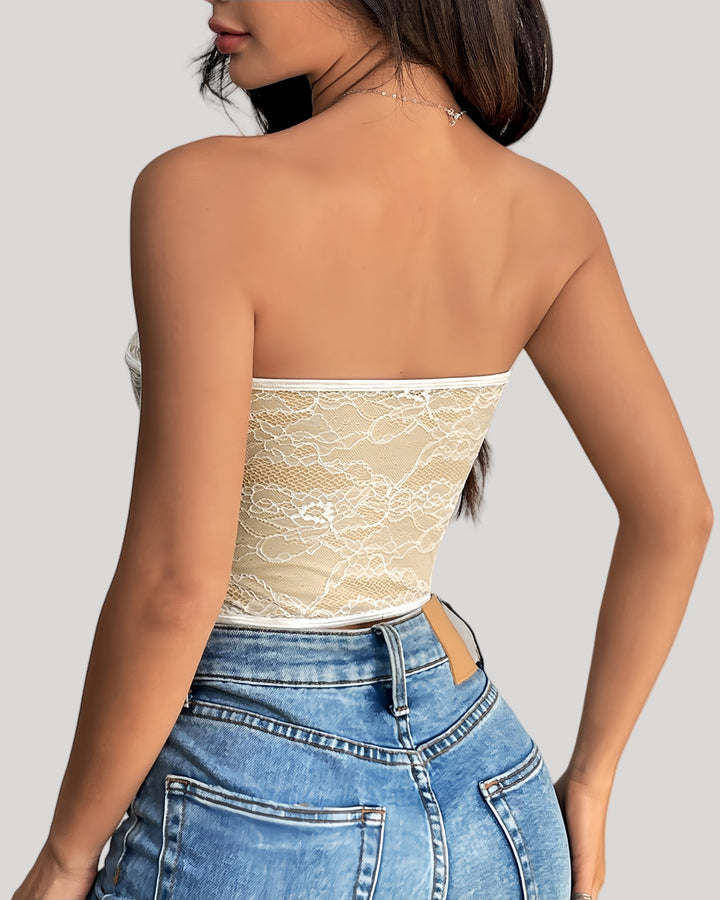 Back view of sheer white lace bustier top