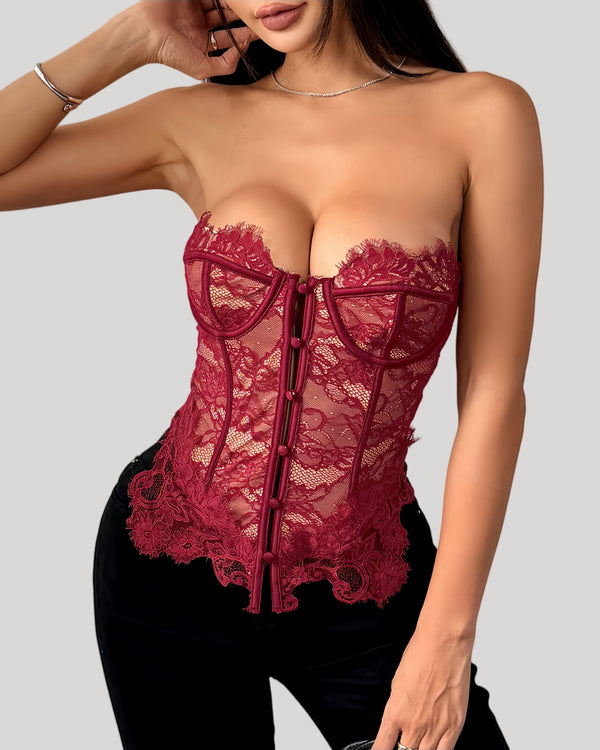 Red lace bustier with floral mesh and strapless silhouette