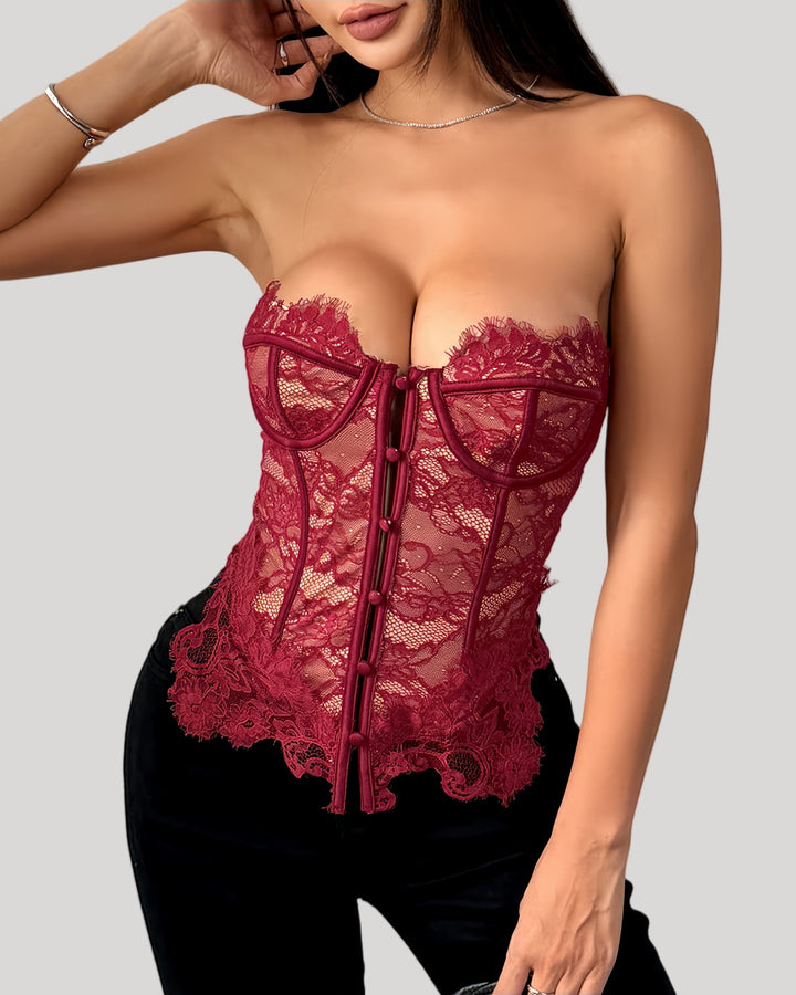 Red lace bustier with floral mesh and strapless silhouette