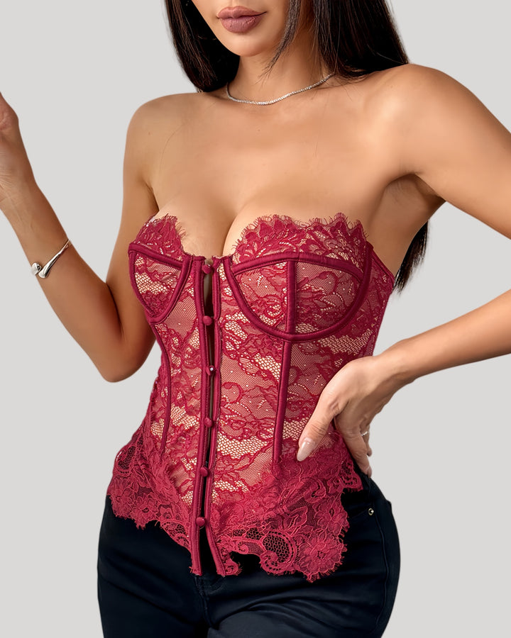 Red lace bustier with floral mesh and strapless silhouette