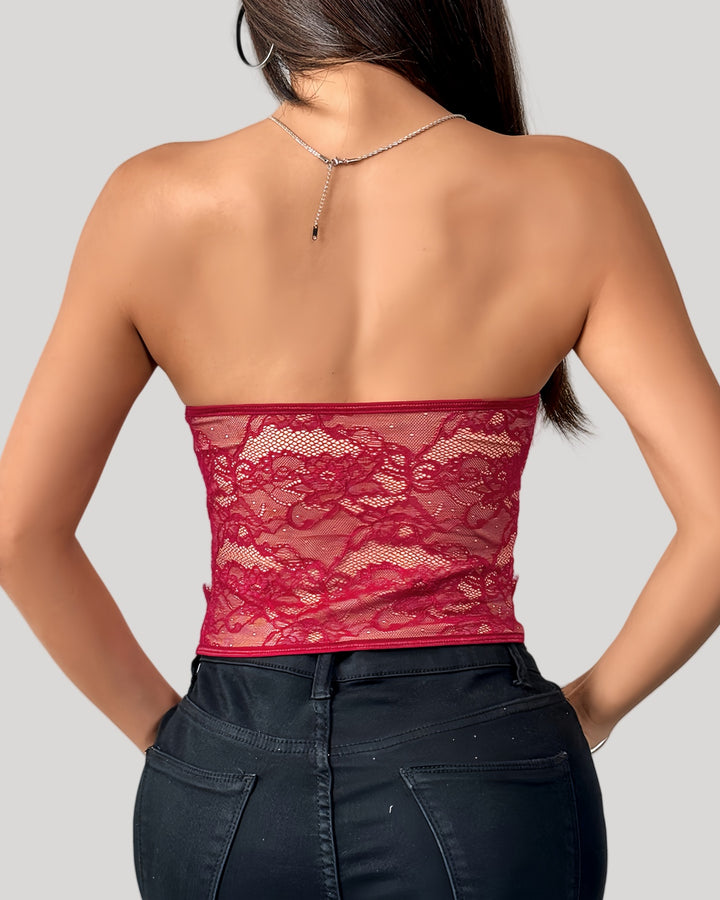 Back view of strapless red lace bustier