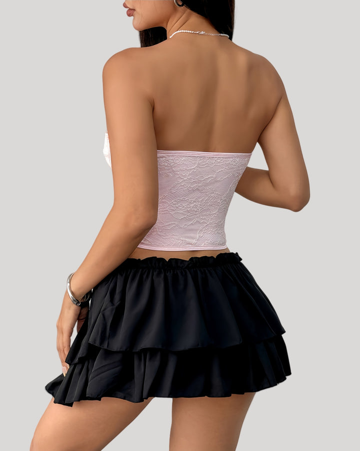 Back view of strapless pink lace bustier
