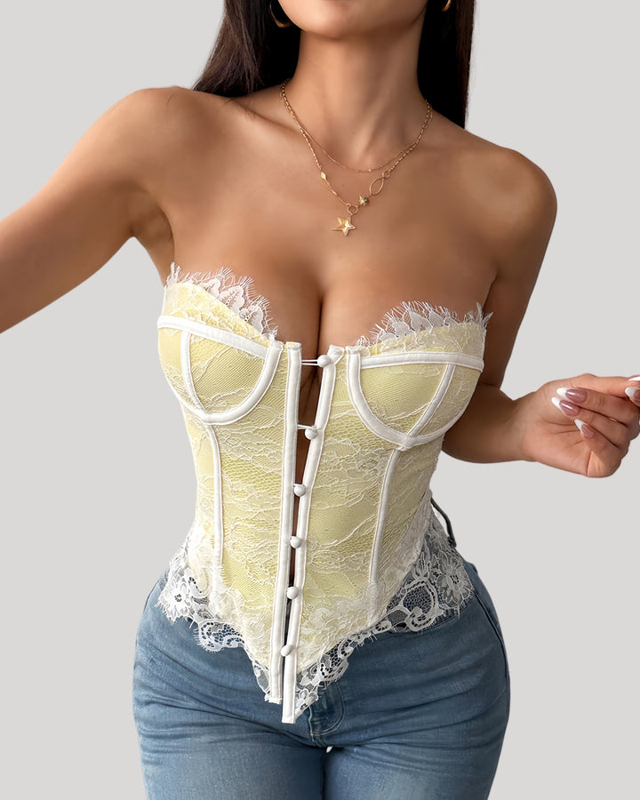 Yellow lace bustier with scalloped trim and sweetheart neckline