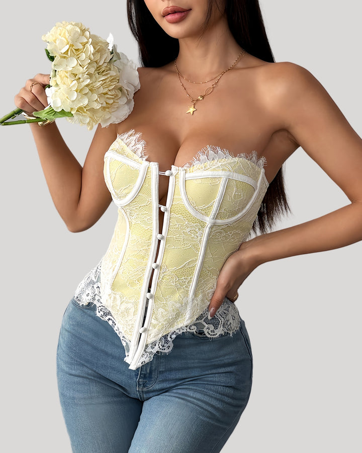 Yellow lace bustier with scalloped trim and sweetheart neckline