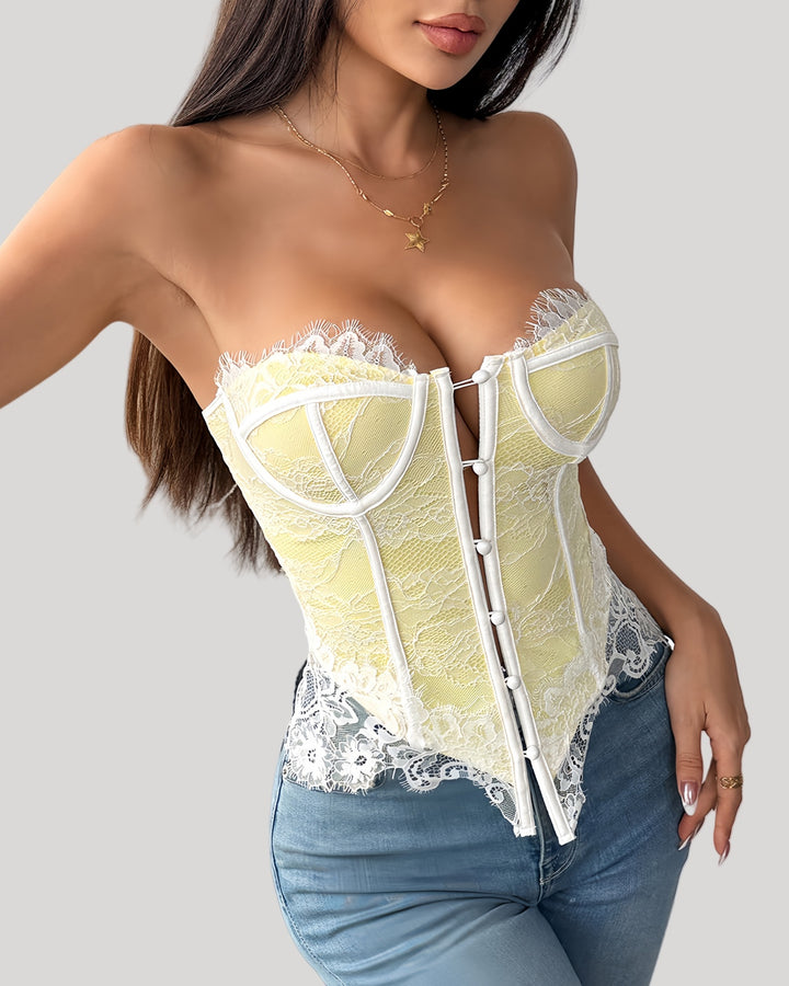 Yellow lace bustier with scalloped trim and sweetheart neckline