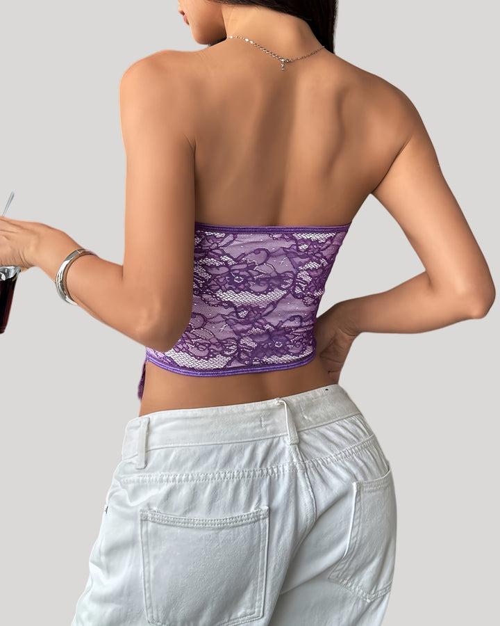 Back view of strapless purple lace bustier