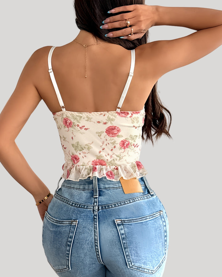 Back view of bustier with shirred floral fabric and ruffle hem