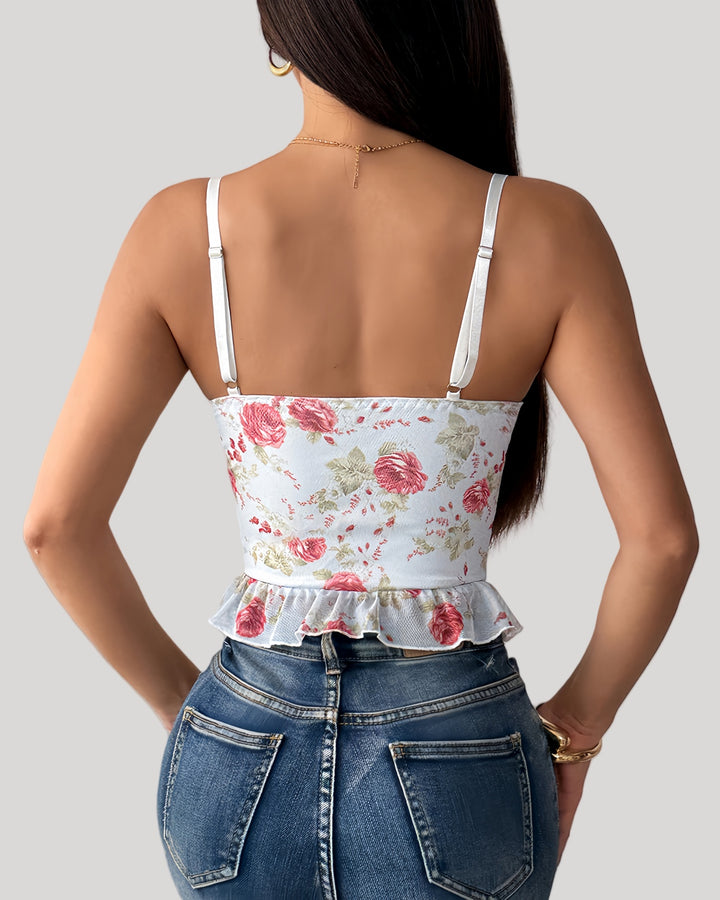 Back view of bustier with shirred floral fabric and ruffle hem