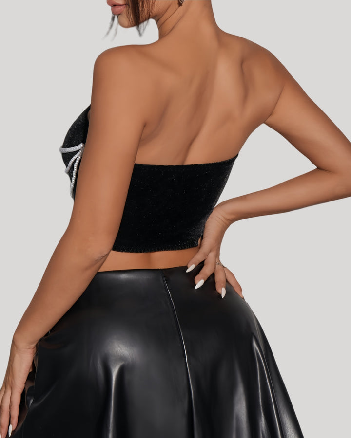Back view of black velvet bustier with clean elastic band