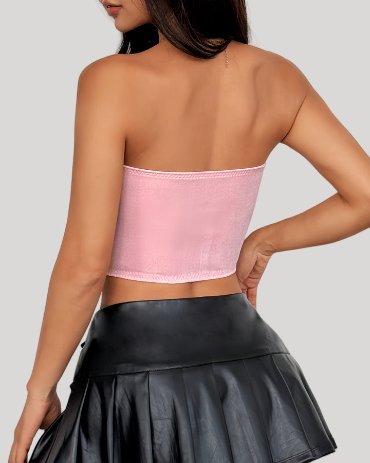 Back view of pink velvet bustier with clean elastic band