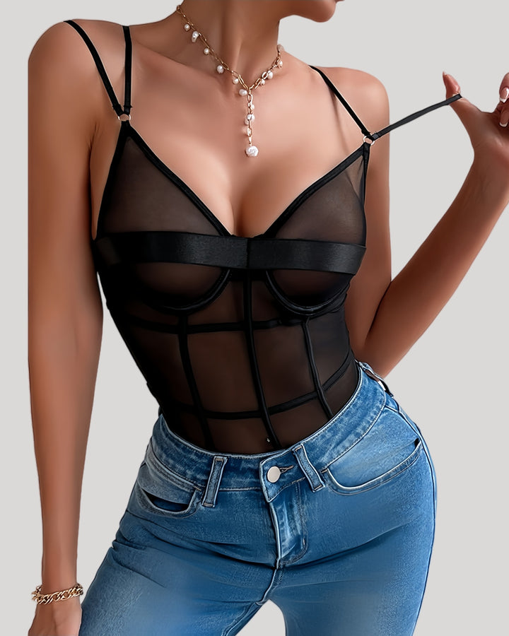 Front view of black mesh bodysuit with satin trim and underwire cups