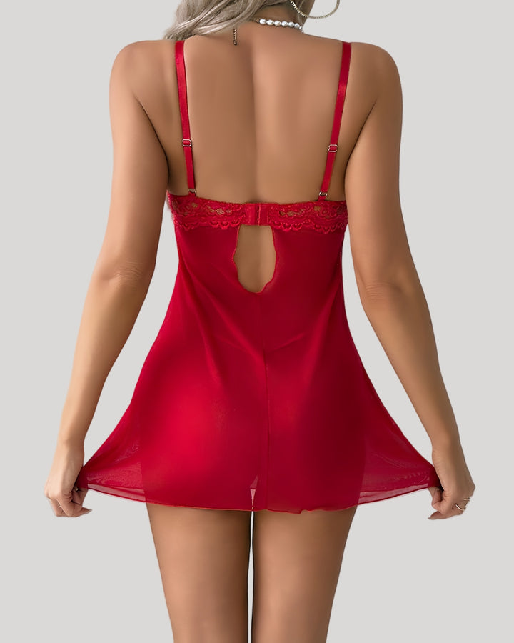 Back view of red babydoll with lace top and sheer body