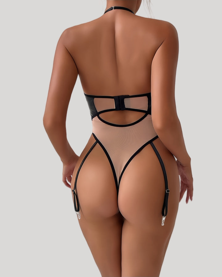 Rear view of black version showing open-back design and high-cut thong
