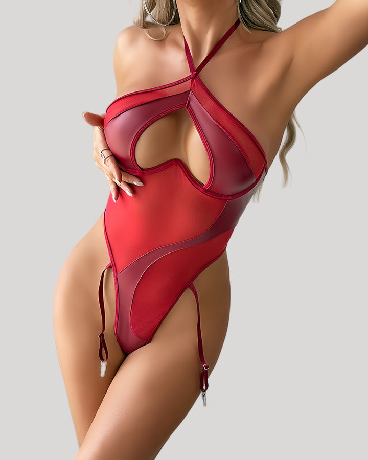 Red version of the cutout teddy worn by model, front view