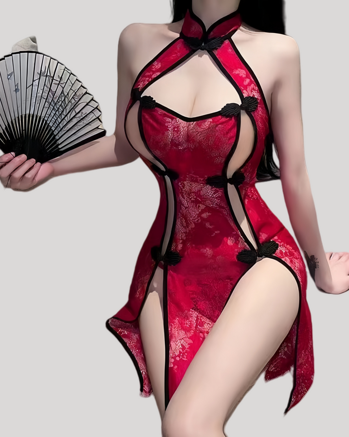 Model wearing red lace cut-out sheer qipao lingerie holding a folding fan