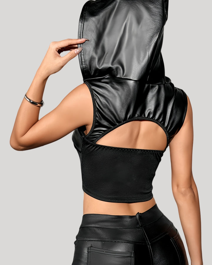 Back view of sleeveless hooded bustier with open back cutout