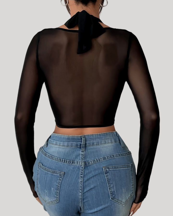 Back view showing transparent mesh back of the long sleeve top