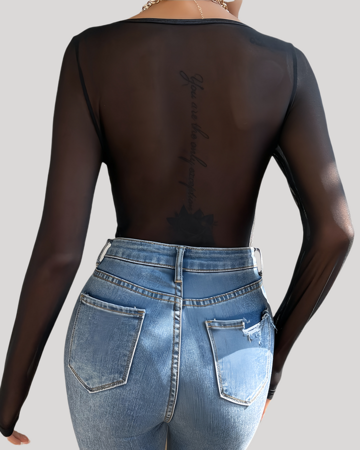 Back view of black sheer mesh sleeves and built-in thong bottom