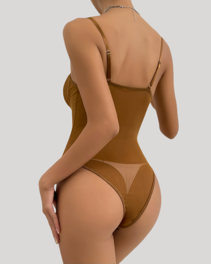 Brown sheer mesh underwire bodysuit back view.