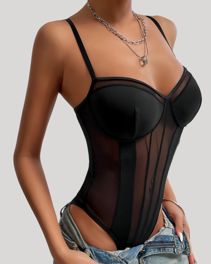 Black sheer mesh underwire bodysuit front view with vertical seams