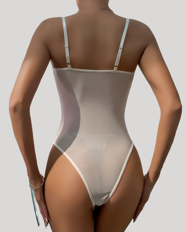 Pink sheer mesh underwire bodysuit back view showing high-cut thong silhouette