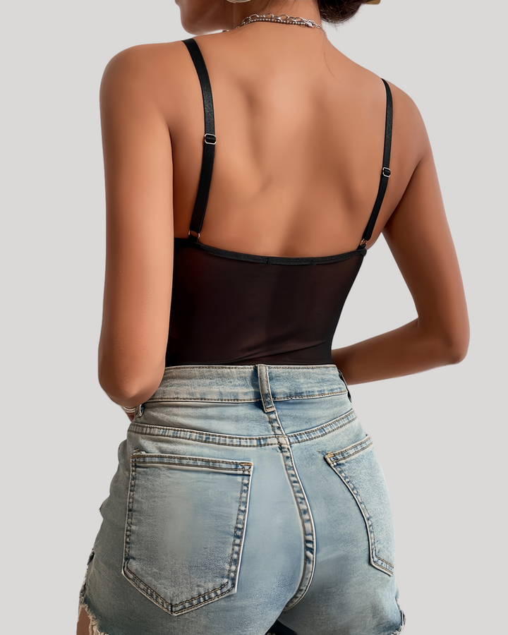 Black sheer mesh underwire bodysuit back view showing thong cut and adjustable straps