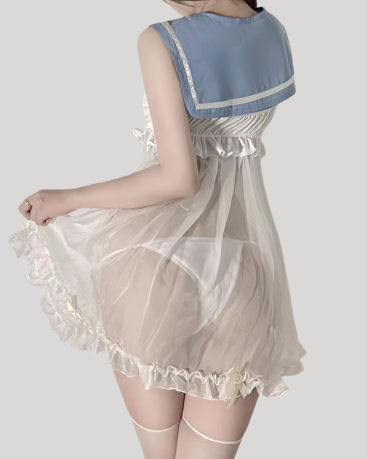 Back view of sheer babydoll dress showing ruffled hem and included panty